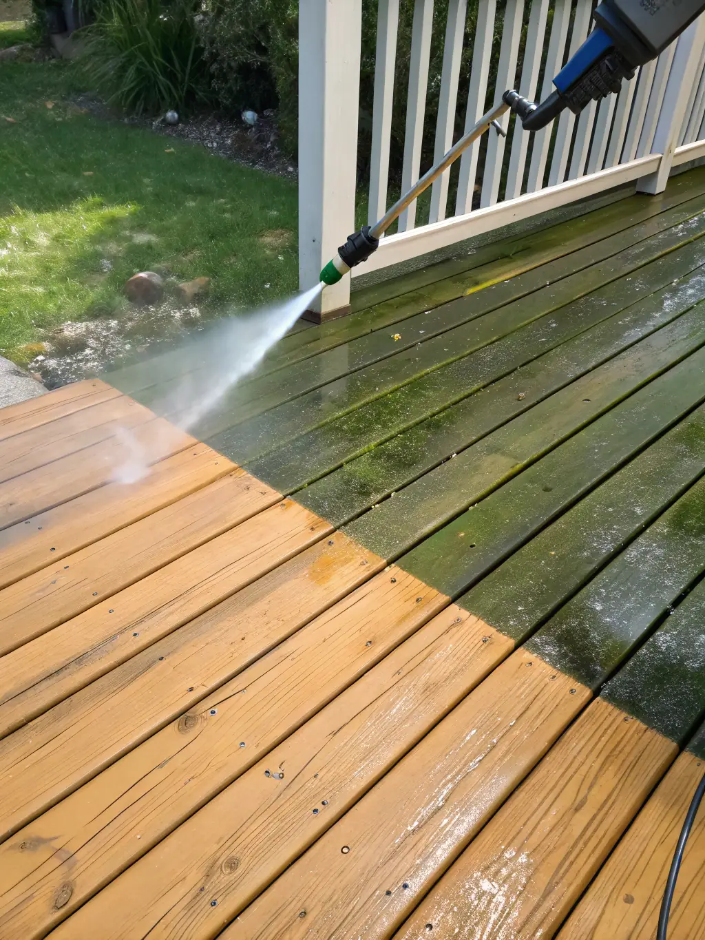 A wooden deck and privacy fence being washed, with water spray visibly removing algae and weathering, set in a sunny backyard with patio furniture.