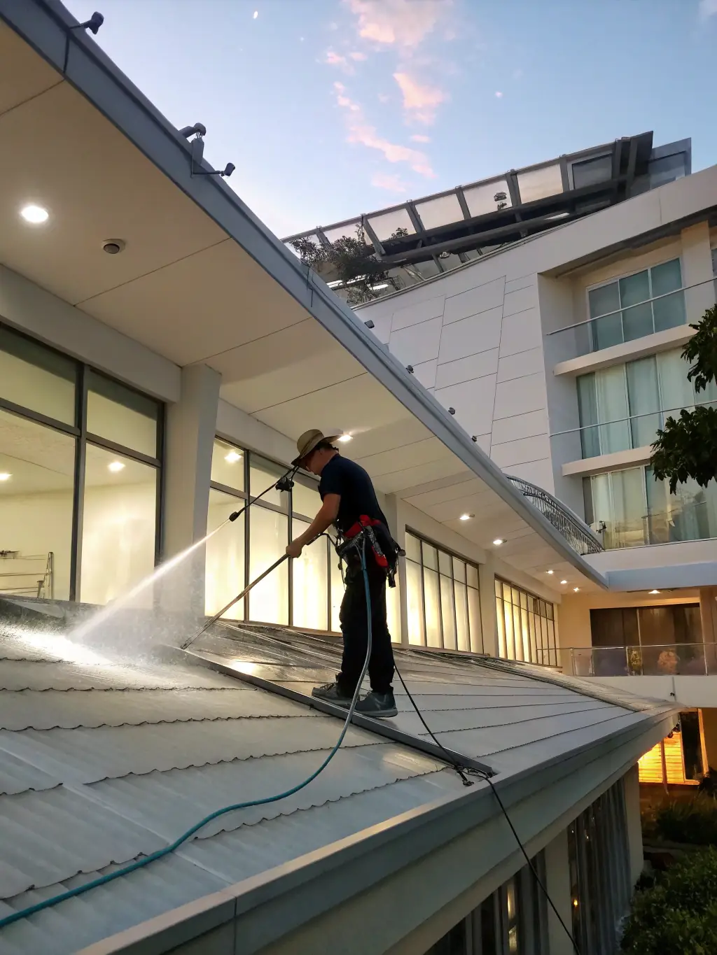 A professional technician using a low-pressure soft wash system to clean a residential roof, with visible removal of moss and algae, set against a suburban Louisville home under clear skies.