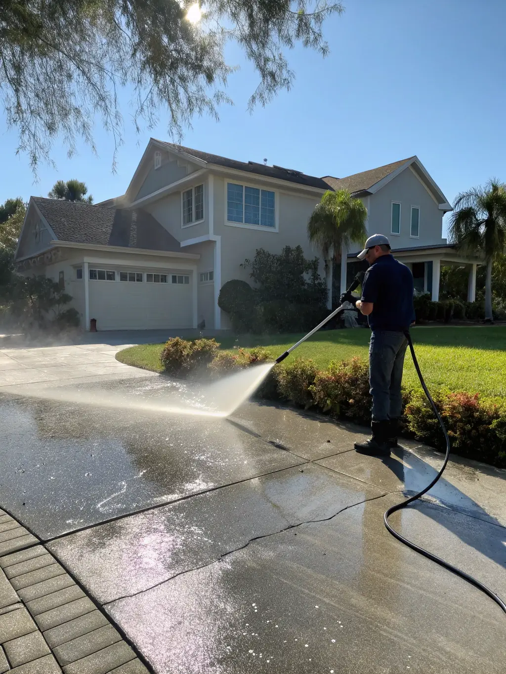 A driveway being cleaned with a surface cleaner attachment, showing a dramatic contrast between dirty and freshly washed concrete, with a Louisville driveway and parked car in the background.